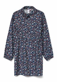 Abito floreale di colore blu navy, con colletto, maniche lunghe, vita elasticizzata e un motivo di piccoli fiori rossi, bianchi e blu.