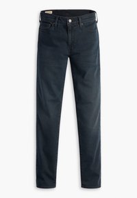 Tmavě modré džíny z denimu s rovnými nohavicemi, pěti kapsami a zapínáním na knoflík. Materiál má hladkou texturu s minimálním vyblednutím.