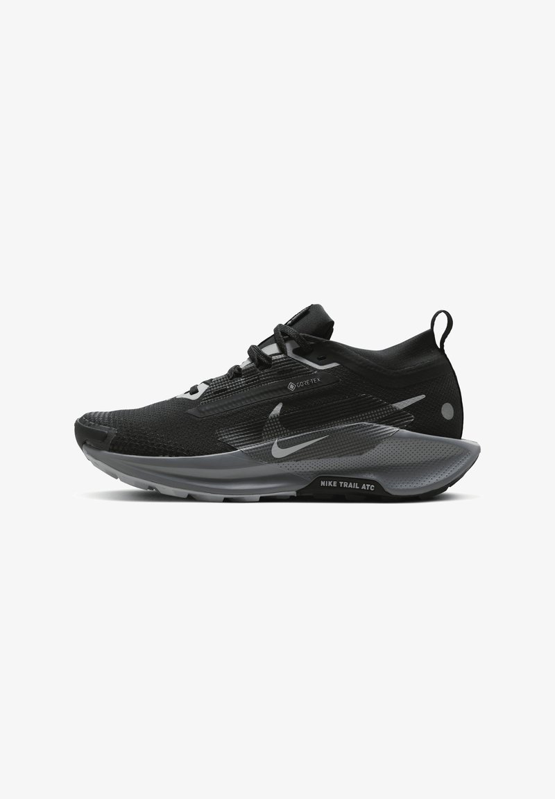 Chaussure de trail running Nike noire et grise avec dessus GORE-TEX, fermeture lacets et semelle texturée, vue latérale sur fond blanc.
