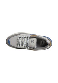 Gray and blue sneaker featuring a mesh upper, round toe, padded tongue, textured sole, and patterned laces with brown accents.