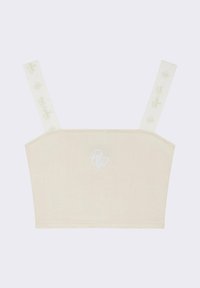 Bralette beige court avec logo brodé et bretelles en ruban, présentant un motif répétitif subtil. Matériau doux avec un design ajusté.