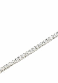 Bracciale in metallo argentato caratterizzato da una fila di strass rotondi e trasparenti incastonati in una montatura a griffe, che creano un effetto scintillante continuo.