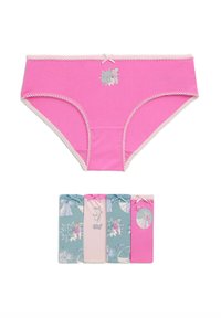 Slip di cotone rosa con bordo in pizzo, con una grafica di Elsa e Anna. Include quattro paia abbinati con diverse fantasie e colori.