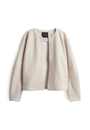 Giacca cropped beige chiaro realizzata in tessuto morbido con scollo rotondo, apertura frontale e spalle leggermente imbottite. Design minimalista senza chiusure.