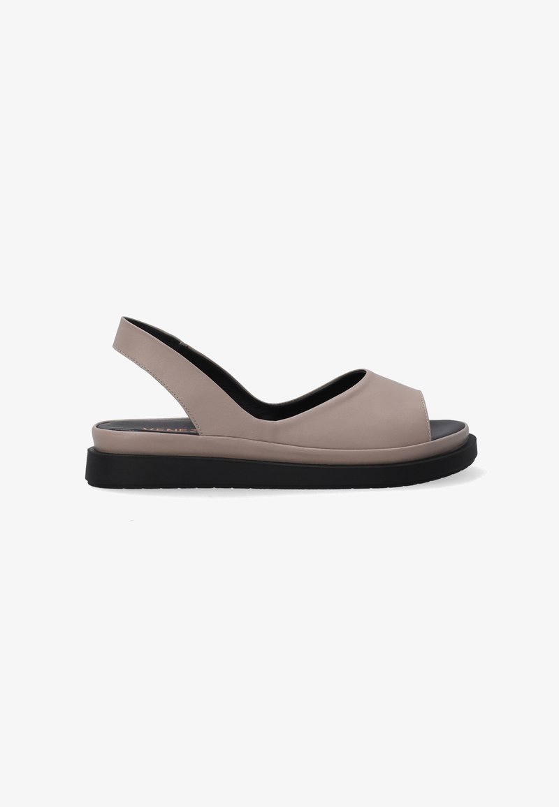 Slingback sandal in light beige synthetic material, with an open toe design, black sole, and smooth texture. Simple, contemporary shape.