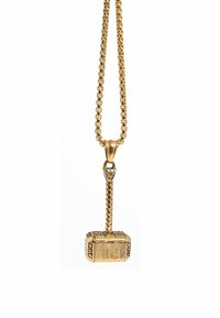 Gold-colored necklace featuring a pendant shaped like a hammer, with textured details and a chain link design.