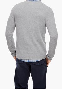 Homme portant un sweat gris à manches longues par-dessus une chemise à carreaux bleue et blanche, et un pantalon bleu foncé, vu de dos.