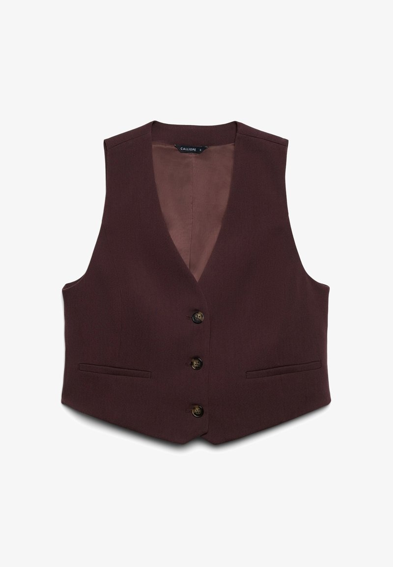 Burgundy vest with a V-neck, six buttons, and two pockets. Made from textured fabric; the inner lining is a solid brown.