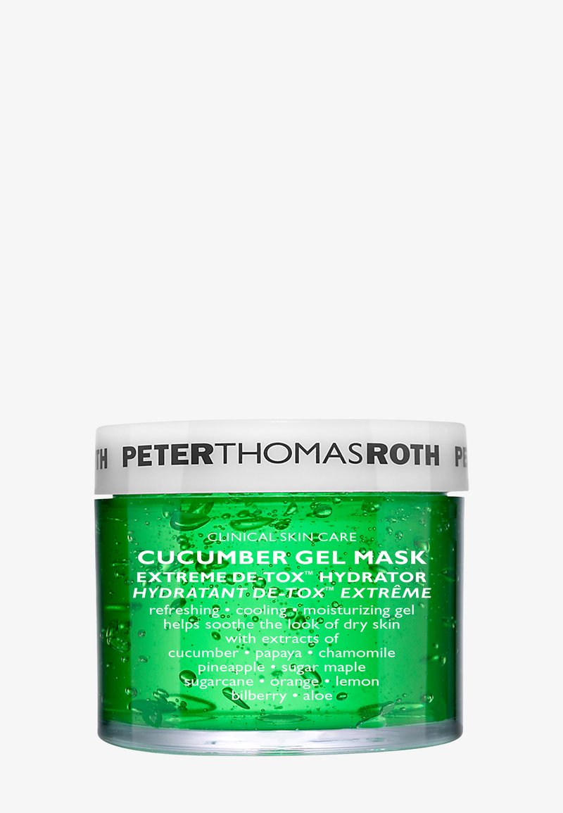 Pot de gel masque vert étiqueté "Peter Thomas Roth Cucumber Gel Mask Extreme De-Tox Hydrator" avec des extraits de fruits et de plantes listés.