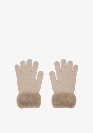 Beige knit gloves with a soft faux fur cuff, featuring a five-finger design and textured surface for warmth and comfort.