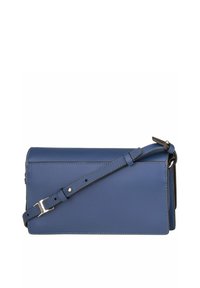 Blaues Leder-Crossbody-Bag mit rechteckiger Form, verstellbarem Riemen und minimalistischem Design. Glatte Textur und saubere Nähte.