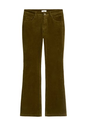 Baumwollcord-Röhrenhose in Olivgrün, mit strukturiertem Stoff, fünf Taschen und einem Frontknopfverschluss mit Reißverschluss.