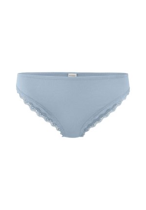 Lichtblauw damesbikiniondergoed met kanten rand langs de beenopeningen en een klein stoffen label in het midden van de tailleband.