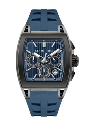 Montre Carrée Cerruti 1881 noire et bleue avec trois sous-cadrans, aiguilles et index argentés, guichet de date, et bracelet en caoutchouc bleu.