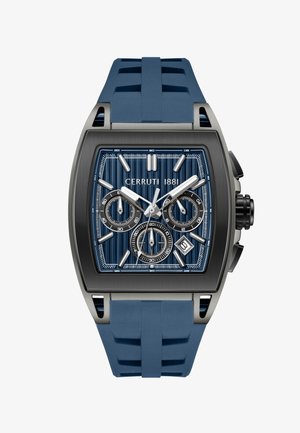 Kvadratinis juodas ir mėlynas „Cerruti 1881“ laikrodis su trimis papildo ciferblatais, sidabro spalvos rodyklėmis ir žymekliais, datos langeliu bei mėlynu guminio dirželiu.