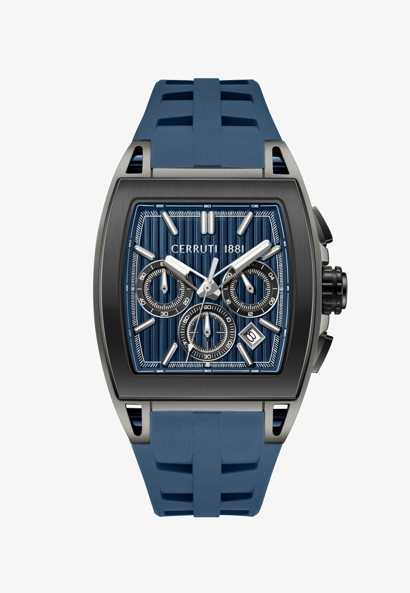 Montre Carrée Cerruti 1881 noire et bleue avec trois sous-cadrans, aiguilles et index argentés, guichet de date, et bracelet en caoutchouc bleu.