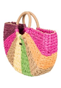 Geweven stro tote bag met een meerkleurig ontwerp met roze, groen, oranje, paars en beige secties. Rondvormig met twee handvaten.