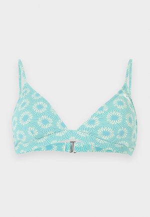 Világoskék melltartó fehér virágmintával, állítható vékony pántokkal és az elülső fémkapoccsal.