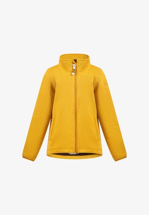 Geltonas fliso švarkas su aukštu apykakle, priekiu užtraukiamas ir dviem šoninėmis kišenėmis. Pasižymi tekstūruota medžiaga ir kontrastinga užtrauktuko trauka.