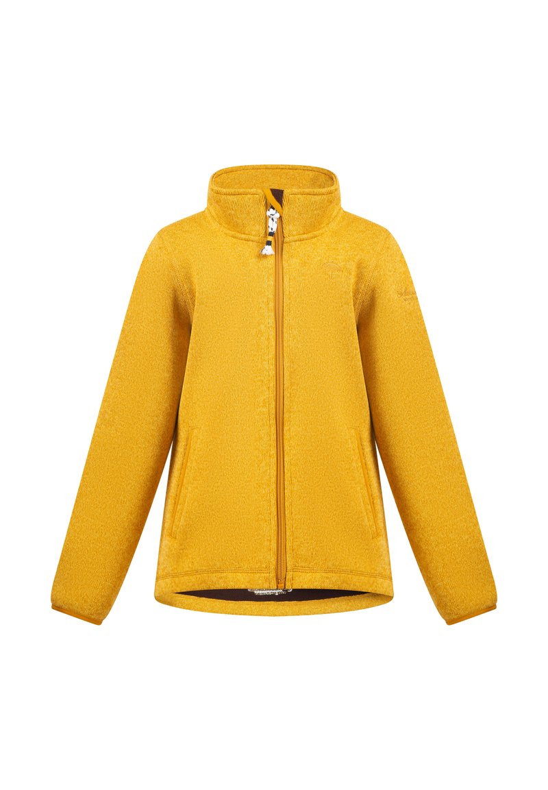 Dzeltena flīsa jaka ar augstu apkakli, priekšējo rāvējslēdzi un divām sānu kabatām. Iezīmējas ar teksturētu audumu un kontrastējošu rāvējslēdzi.