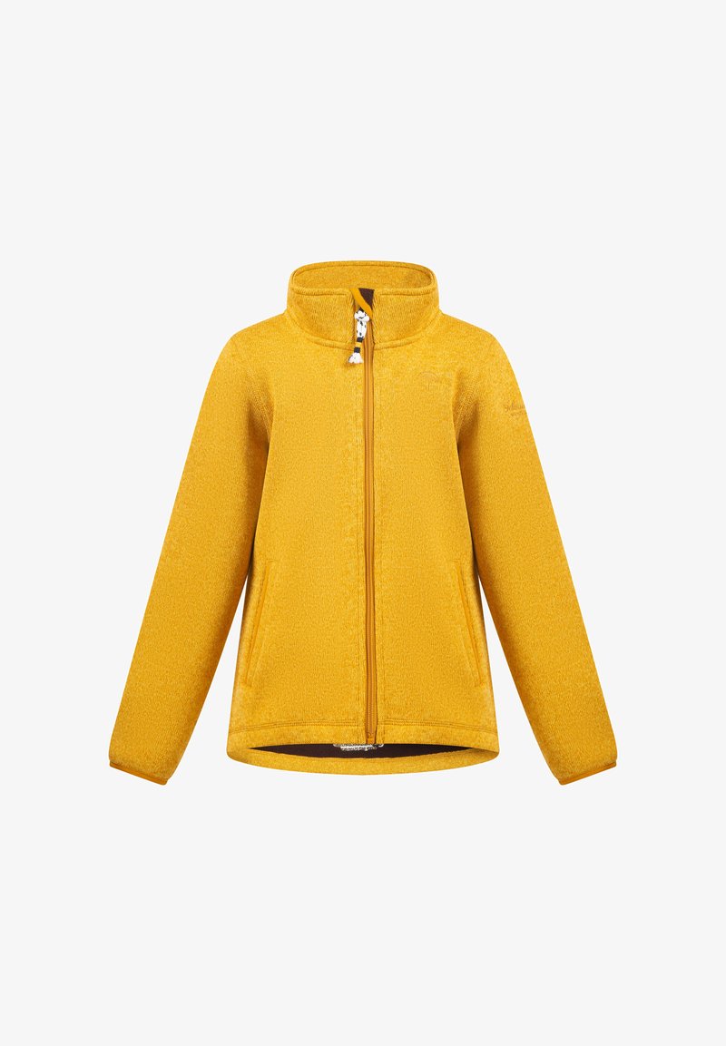 Dzeltena flīsa jaka ar augstu apkakli, priekšējo rāvējslēdzi un divām sānu kabatām. Iezīmējas ar teksturētu audumu un kontrastējošu rāvējslēdzi.