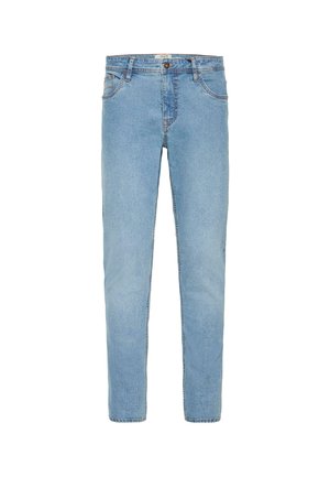 Jeans in denim azzurro chiaro con design a gamba dritta, cinque tasche e chiusura con bottone classico. Presenta leggeri sbiadimenti e dettagli di cucitura.