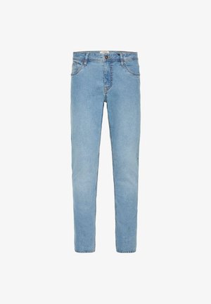 Jeans in denim azzurro chiaro con design a gamba dritta, cinque tasche e chiusura con bottone classico. Presenta leggeri sbiadimenti e dettagli di cucitura.