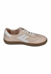 Light pink sneaker with white accents, featuring a smooth leather upper, round toe, lace-up design, and a textured brown rubber sole.