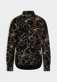 Camicia nera con bottoni, caratterizzata da un motivo floreale in crema, con colletto a punta e maniche lunghe, realizzata in un tessuto morbido e liscio.