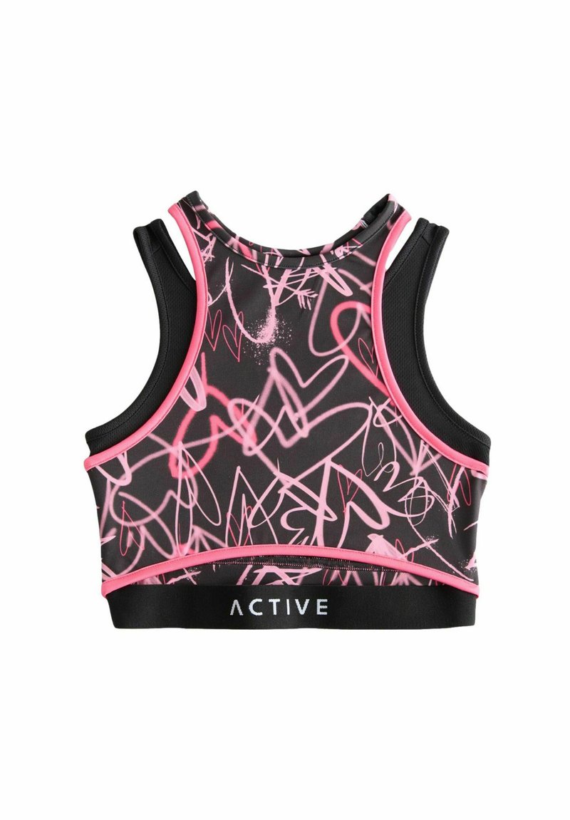 Sport-BH aus schwarzer Activewear mit pinken Herzmustern, im körperbetonten Design, mit Netzdetails und einem elastischen, markengeprägten Band am unteren Saum.