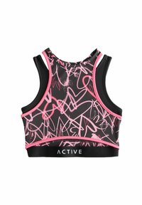 Czarny stanik sportowy z różowymi sercami i wzorami w linie. Ma okrągły dekolt, plecy w stylu racerback oraz elastyczny pas z napisem "ACTIVE".