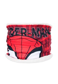 Rode stoffen nekwarmers met een Spider-Man-graphic, zwart webdesign en witte fleece voering aan de boven- en onderrand.