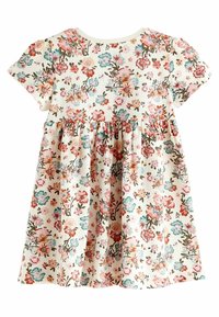 Robe florale avec un fond crème ornée de fleurs roses, bleues et vertes, à manches courtes et jupe froncée. Tissu en coton doux.