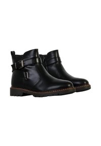 Las botas de tobillo de cuero negro presentan un acabado suave, cremallera lateral, hebilla decorativa y una suela de goma con dibujo y un ribete marrón contrastante.