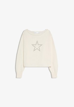 Krémszínű hosszú ujjú pulóver bordázott mandzsettákkal és az elején kis fekete csillagokból álló csillagalakzat.