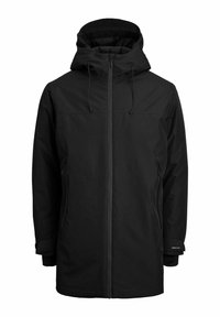 Črna vodoodporna jakna s kapuco, sprednjim zadrgo, stranskimi žepi in nastavljivimi vrvmi; gladka tekstura in minimalističen dizajn.