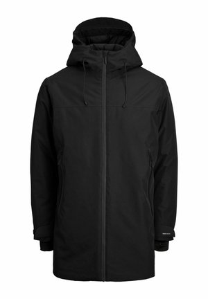 Czarna wodoodporna kurtka z kapturem, z zamkiem błyskawicznym z przodu, kieszeniami bocznymi i regulowanymi sznurkami; gładka tekstura i minimalistyczny design.