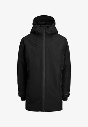 Czarna wodoodporna kurtka z kapturem, z zamkiem błyskawicznym z przodu, kieszeniami bocznymi i regulowanymi sznurkami; gładka tekstura i minimalistyczny design.
