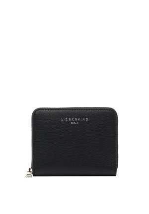 Czarny portfel z teksturowanej skóry, zapinany na zamek błyskawiczny z metalowym srebrnym suwakiem i logo "Liebeskind Berlin" na przodzie.