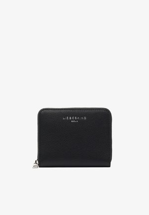 Portafoglio nero in pelle texturizzata con cerniera a tutto giro e cursore in metallo argento, con logo "Liebeskind Berlin" sul davanti.