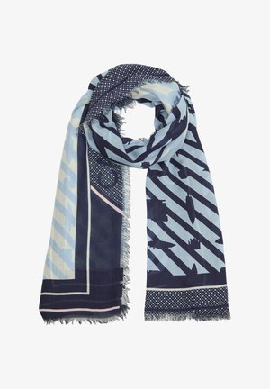 Navy and light blue patterned scarf featuring geometric and floral designs, frayed edges, and a lightweight fabric. Rectangular shape.