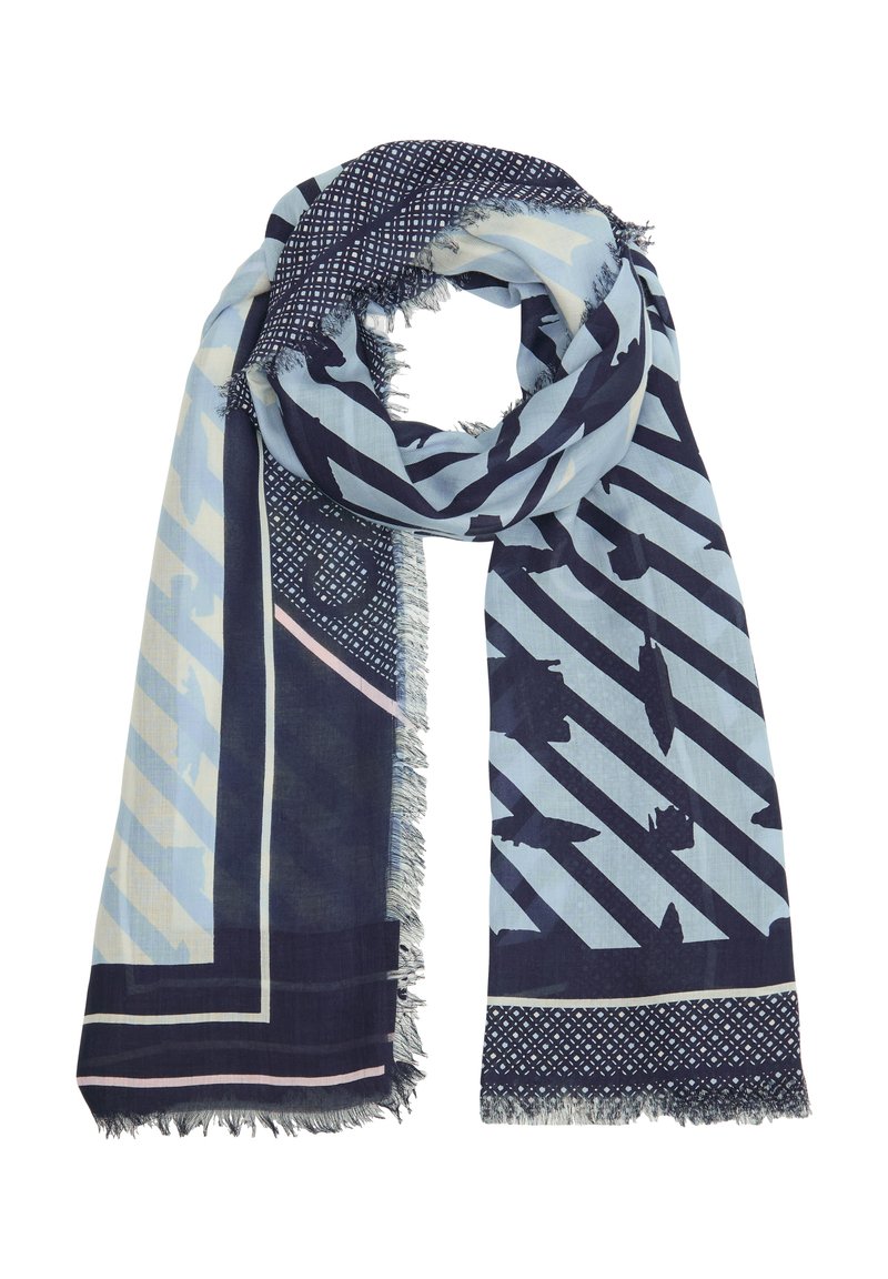Granatowy i jasnoniebieski szalik w wzory z geometrycznymi i kwiatowymi motywami, z postrzępionymi krawędziami i lekkim materiałem. Prostokątny kształt.