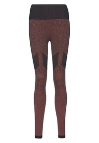 Leggings de tiro alto en un color marrón rojizo con un patrón texturizado, que presentan paneles de malla negra y una cinturilla ancha negra.