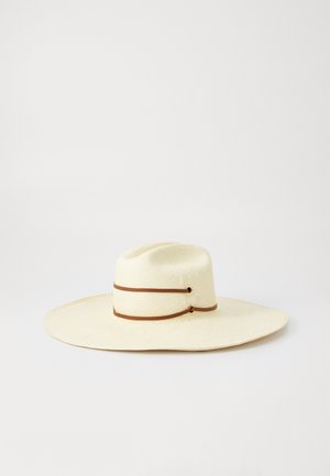 Wide-brimmed straw hat in light cream with a brown double band detail. Features a smooth texture and domed crown for a relaxed fit.