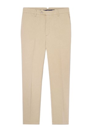 Béžové kalhoty na míru se střihovým provedením, s knoflíkovým zapínáním, poutky na opasek a dvěma předními kapsami. Bavlněná tkanina s hladkým povrchem.
