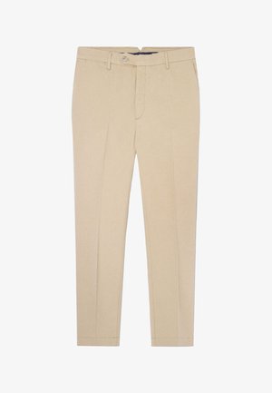 Beige skräddarsydda byxor med rak passform, försedda med knappstängning, bälteshällor och två framfickor. Tillverkade av bomullstyg med en slät yta.