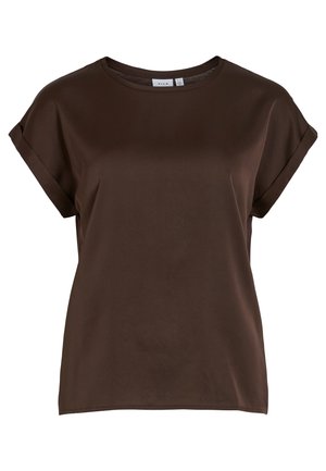 Brun kortermet topp med rund halslinning, laget av glatt stoff, med rullede ermer og avslappet passform. Merkjelden synlig.