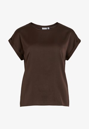 Smeđi kratkoslini majica s okruglim izrezom, izrađena od glatkog materijala, s prevrnutim rukavima i opuštenim krojem. Vidljiva oznaka brenda.