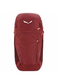 Bordeaux backpack van textiel, met verstelbare schouderbanden, zijvakken en een grote bovenrits. Voorzien van een wit logo aan de voorkant.