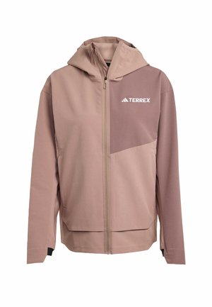 Giacca con cappuccio Terrex in un delicato color mauve, dotata di zip anteriore, due tasche frontali e un patch scuro a contrasto sul lato superiore sinistro.